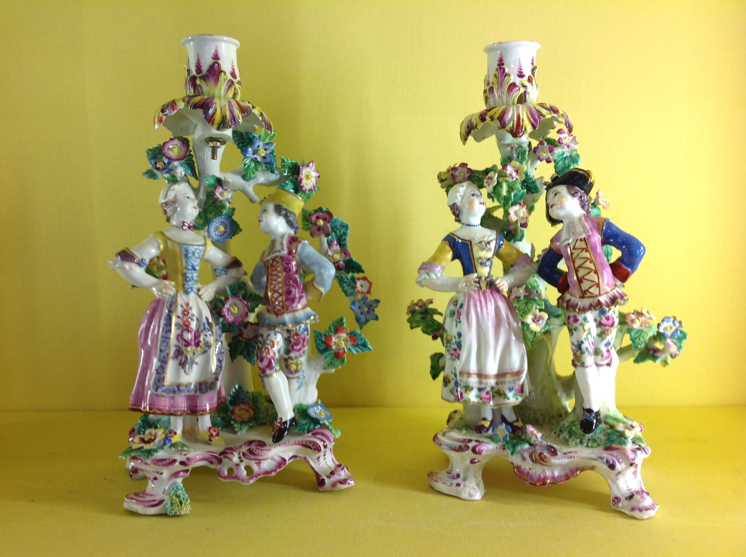 A rare pair of Bow candlestick groups 