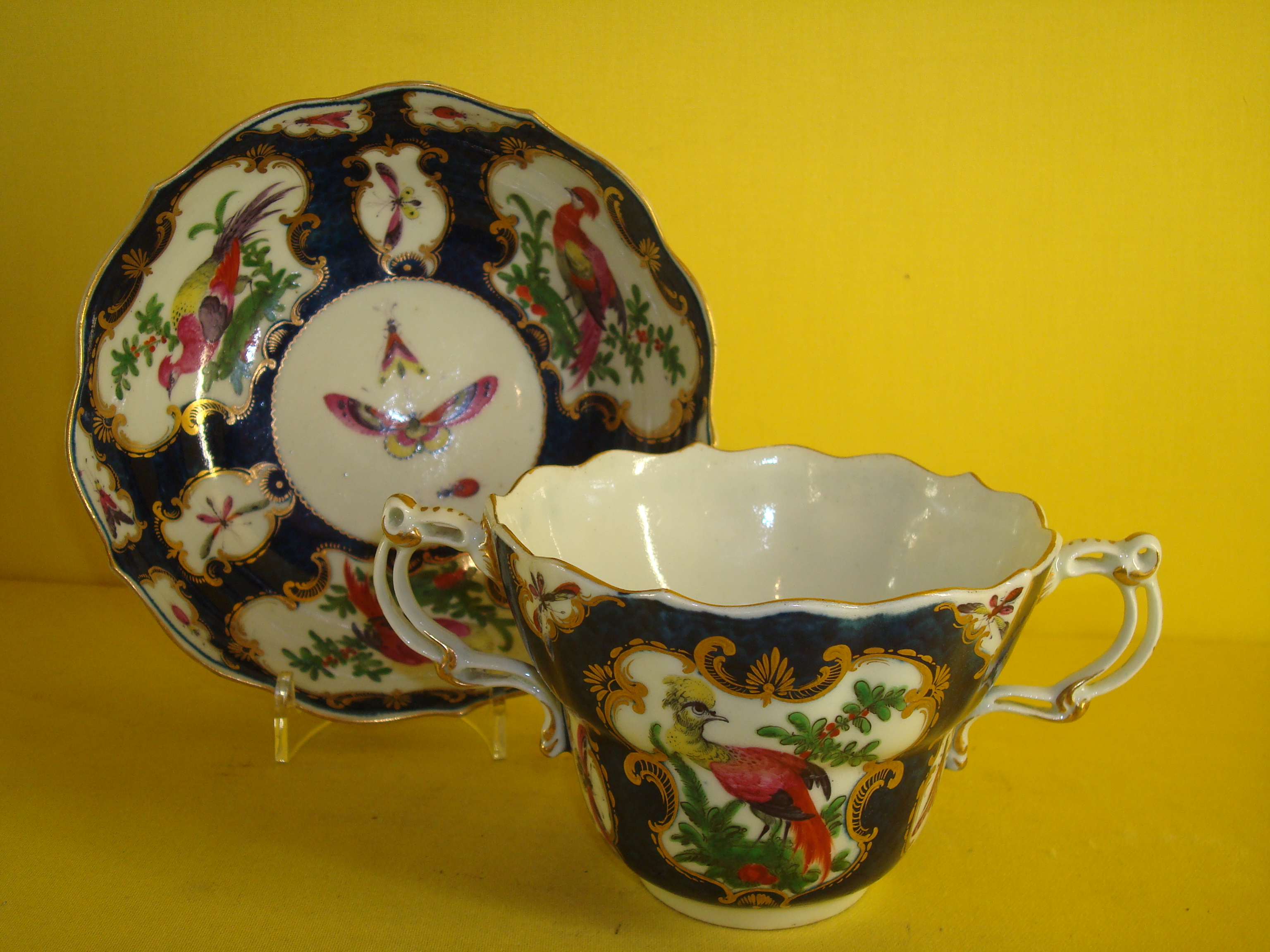 A rare Worcester ogee shaped chocolate cup and saucer