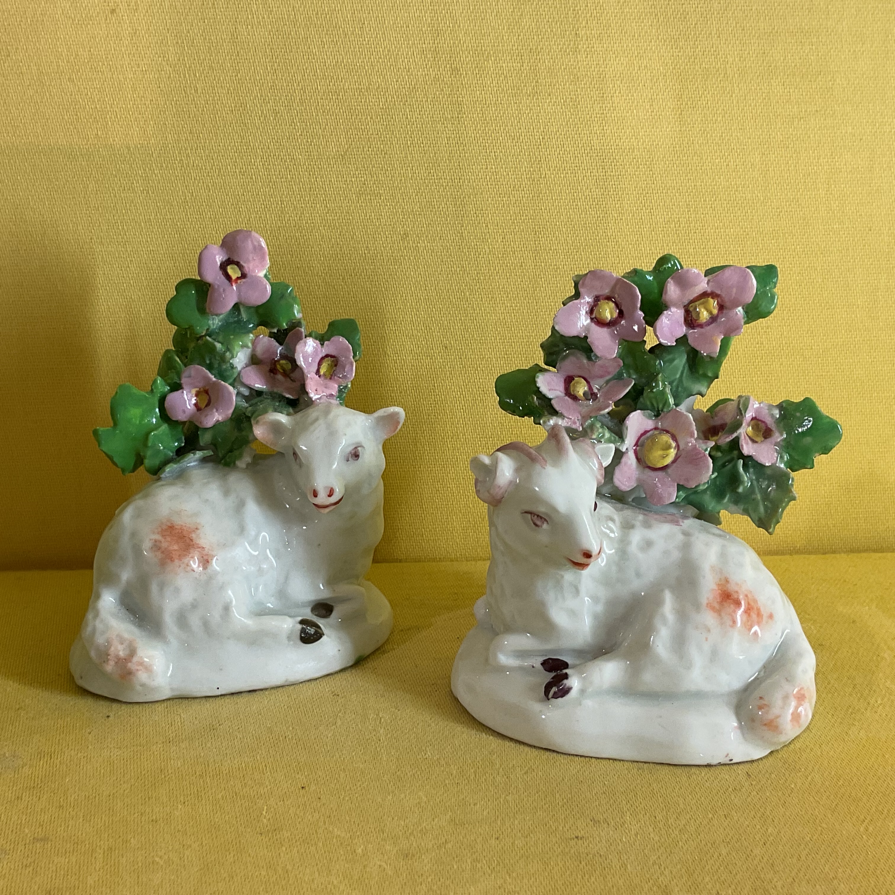A pair of Derby small models of a ewe and a ram 