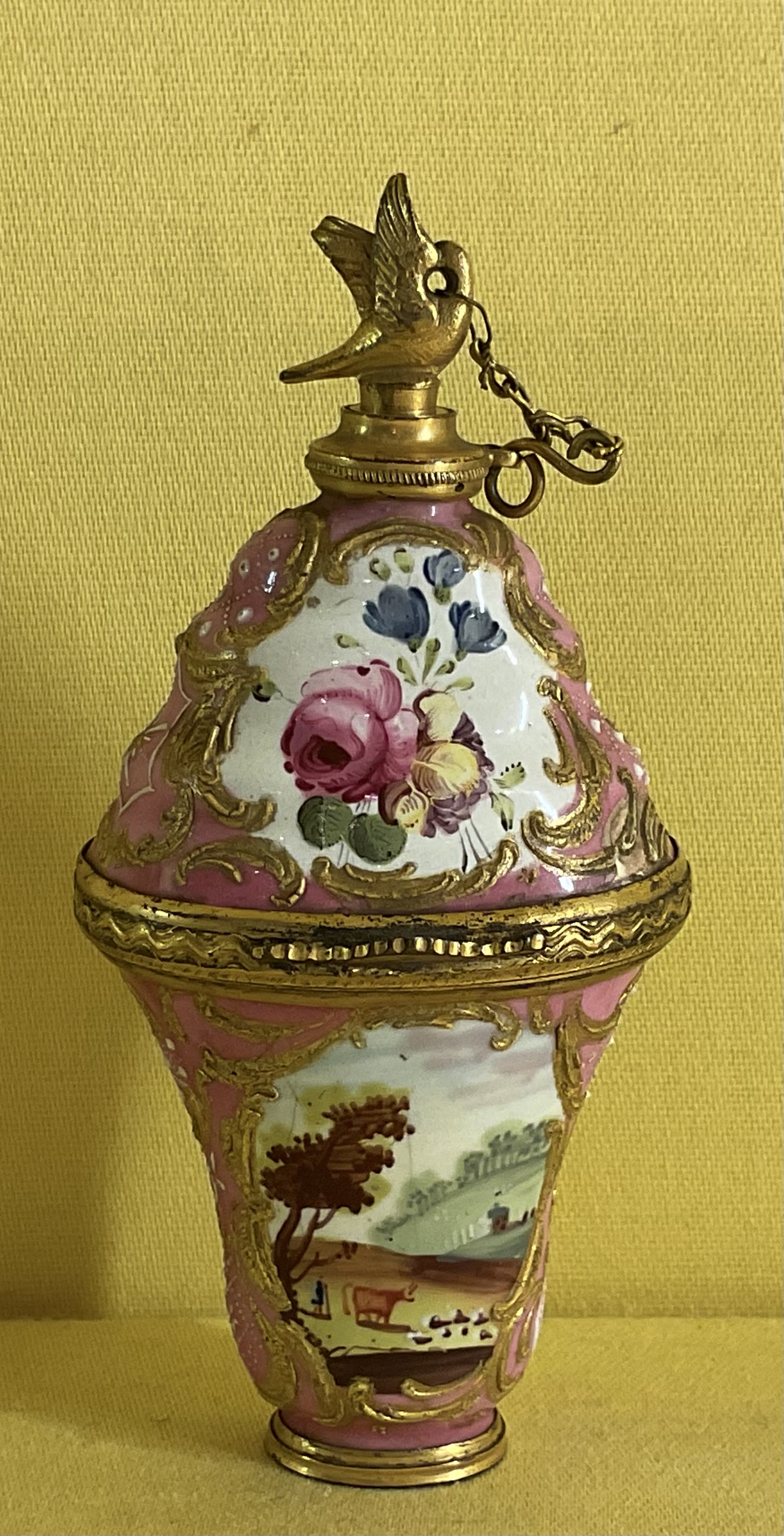 A South Staffordshire enamel combined bonbonniere and scent bottle 