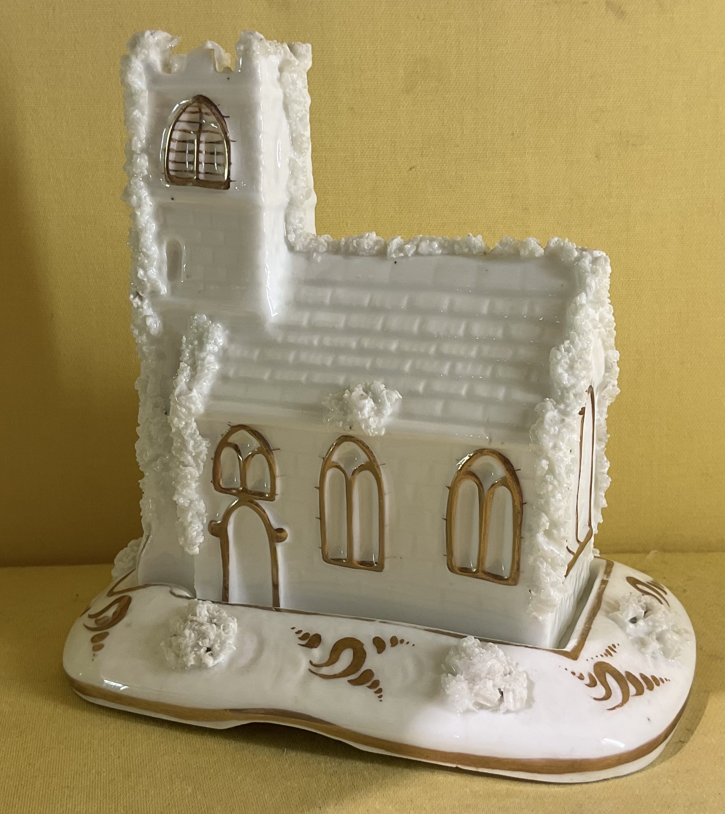 A Staffordshire porcelain church shaped pastille burner and stand 